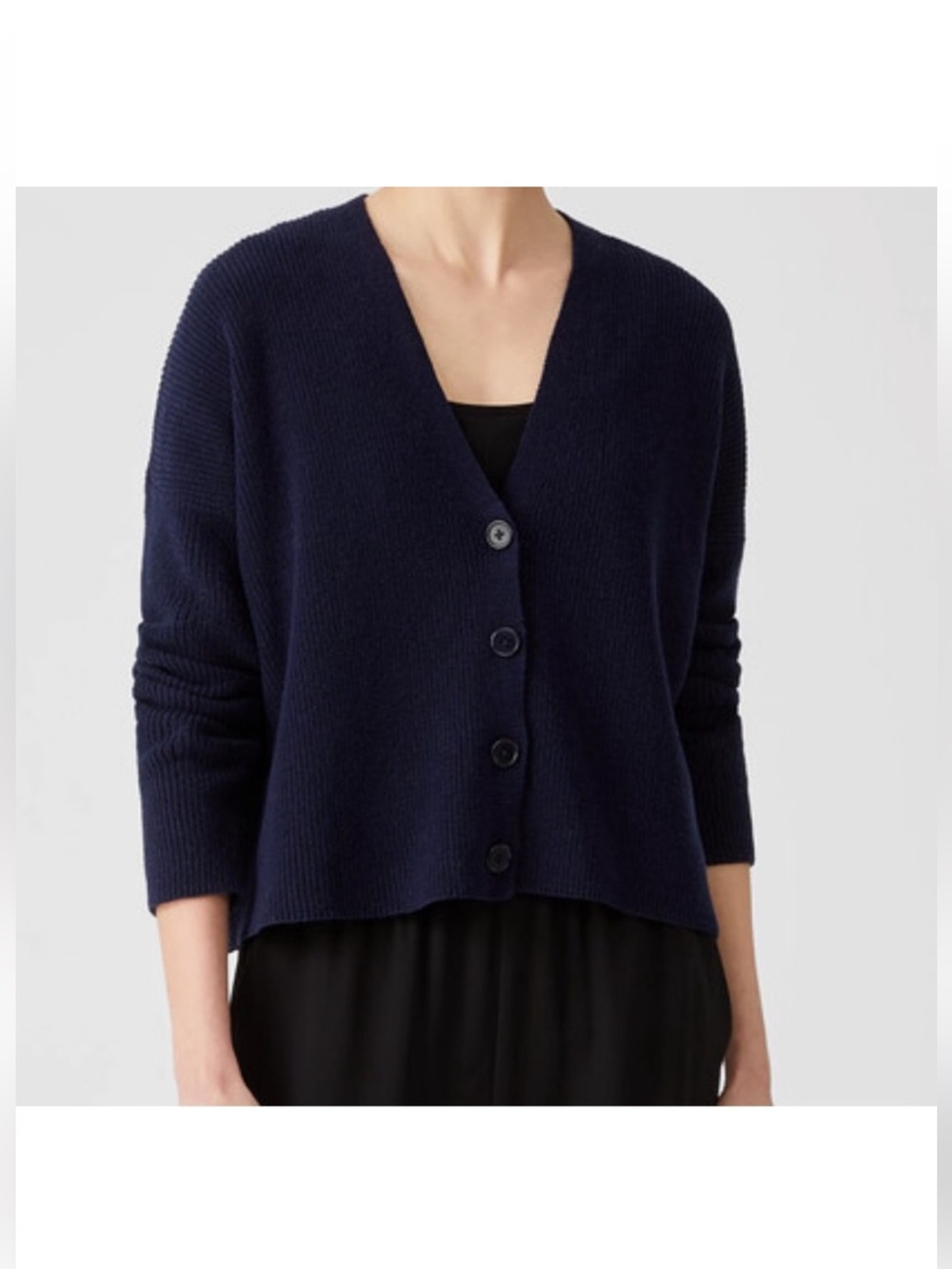 Eileen Fisher Navy Blue Cardigan Sweater Ribbed Knit Cotton Hemp Size Medium